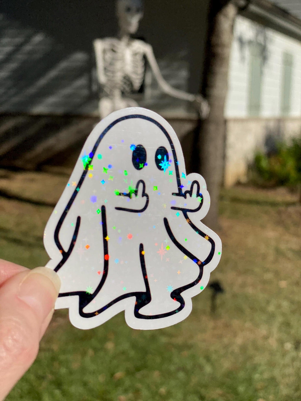 Holographic Middle Finger Ghost Sticker: Waterproof Vinyl Decal