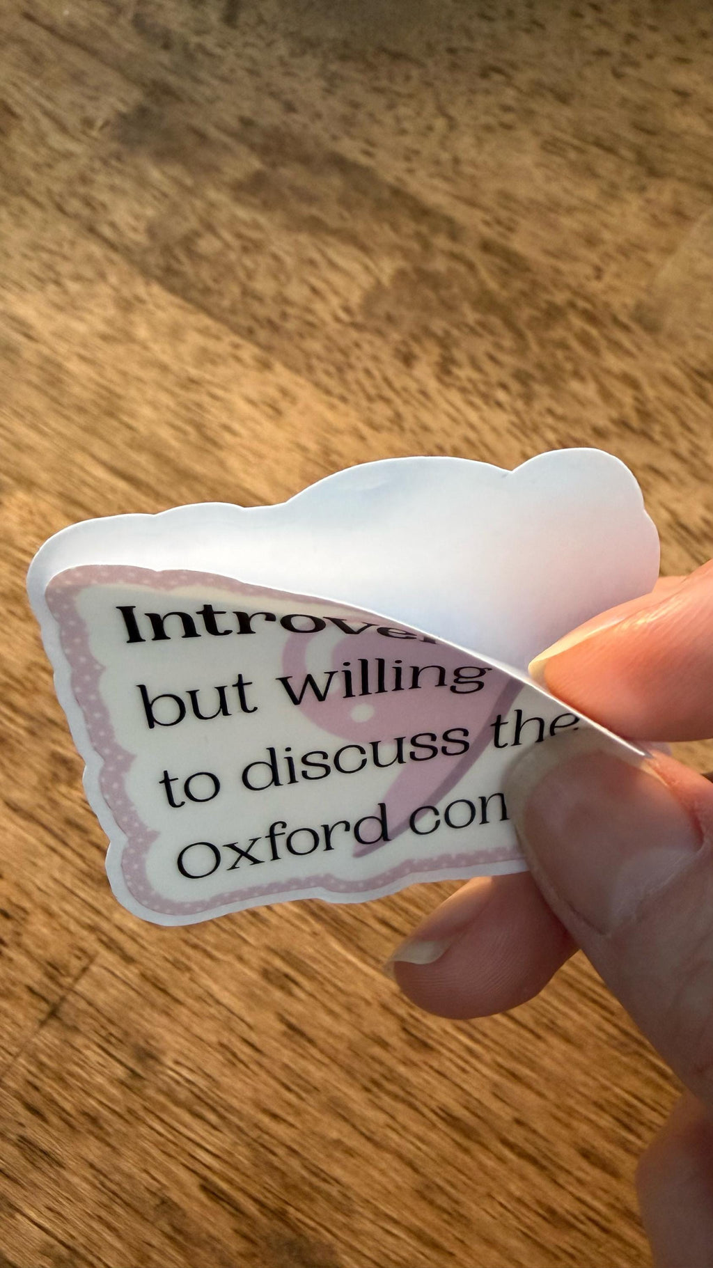 Oxford Comma Sticker: Funny Bookish Vinyl Decal - Pink or Grey
