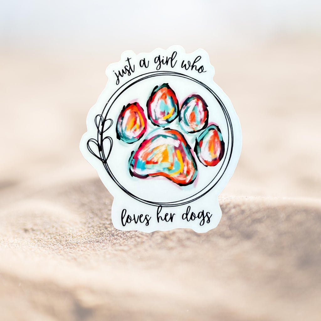 Just a Girl Who Loves Her Dogs Sticker | Colorful Paw Print Vinyl Sticker