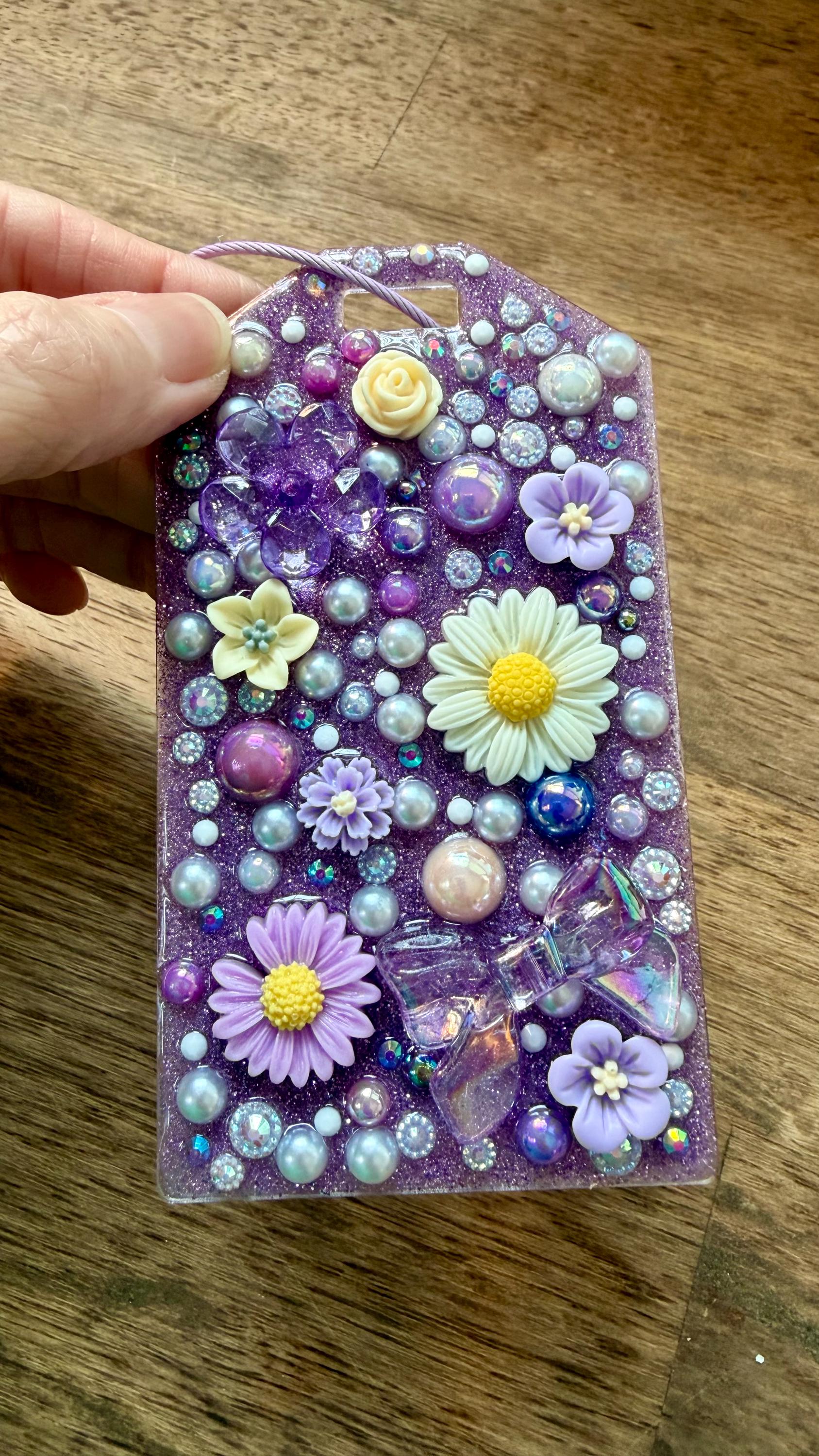 Handmade Purple Floral Luggage Tag | Glitter Resin Bag Accessory