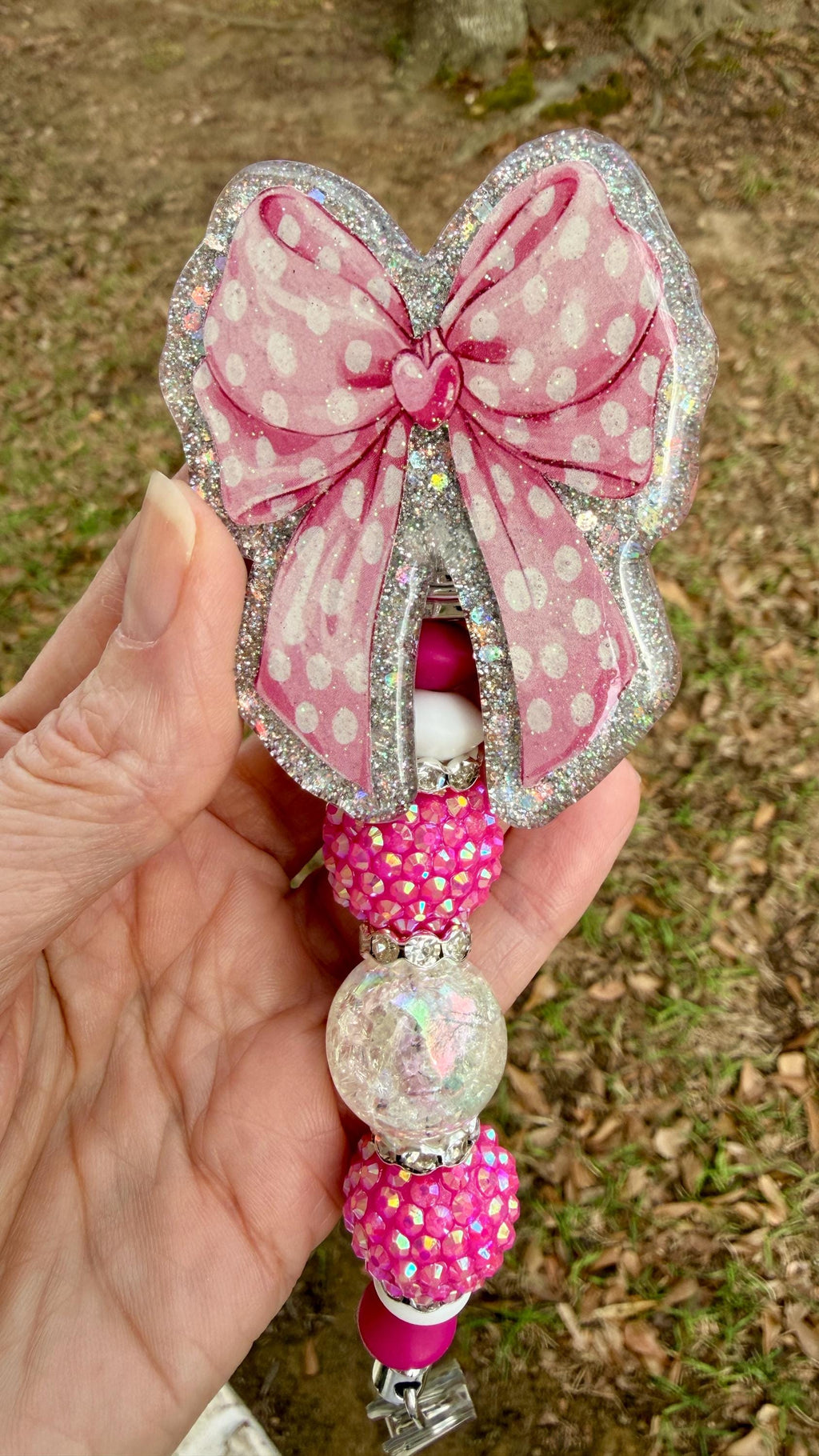 Pink Coquette Bow Badge Reel – Polka Dot Bow with Silver Holographic Background | Interchangeable Topper