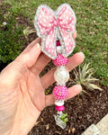 Pink Coquette Bow Badge Reel – Polka Dot Bow with Silver Holographic Background | Interchangeable Topper