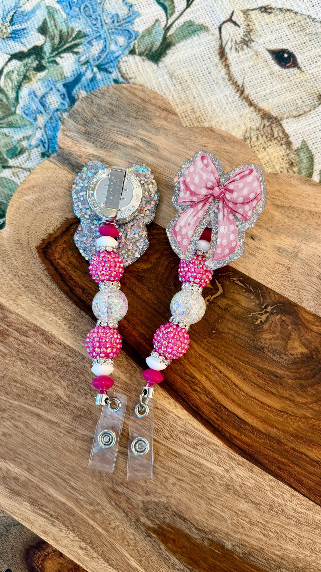 Pink Coquette Bow Badge Reel – Polka Dot Bow with Silver Holographic Background | Interchangeable Topper