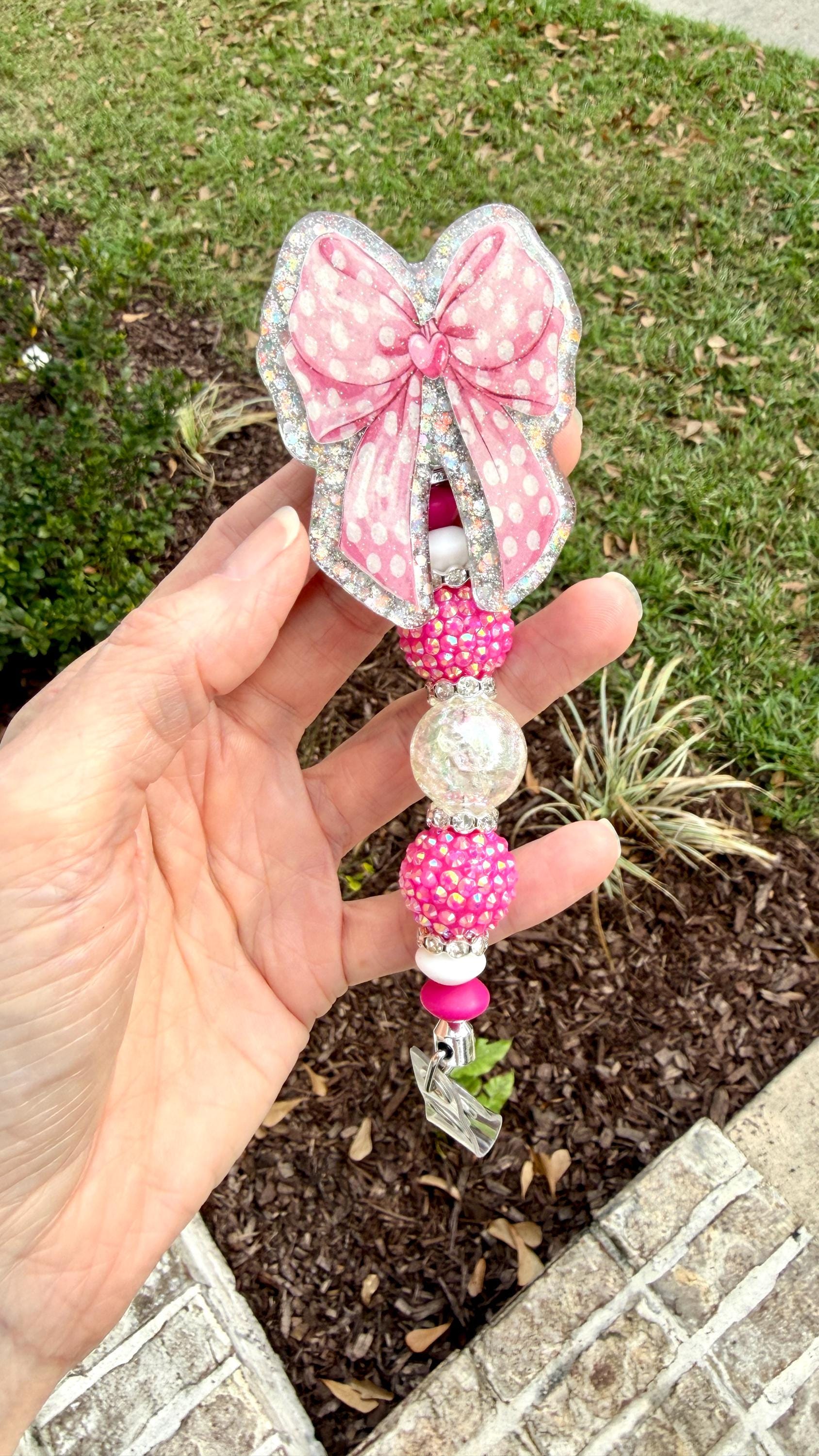 Pink Coquette Bow Badge Reel – Polka Dot Bow with Silver Holographic Background | Interchangeable Topper