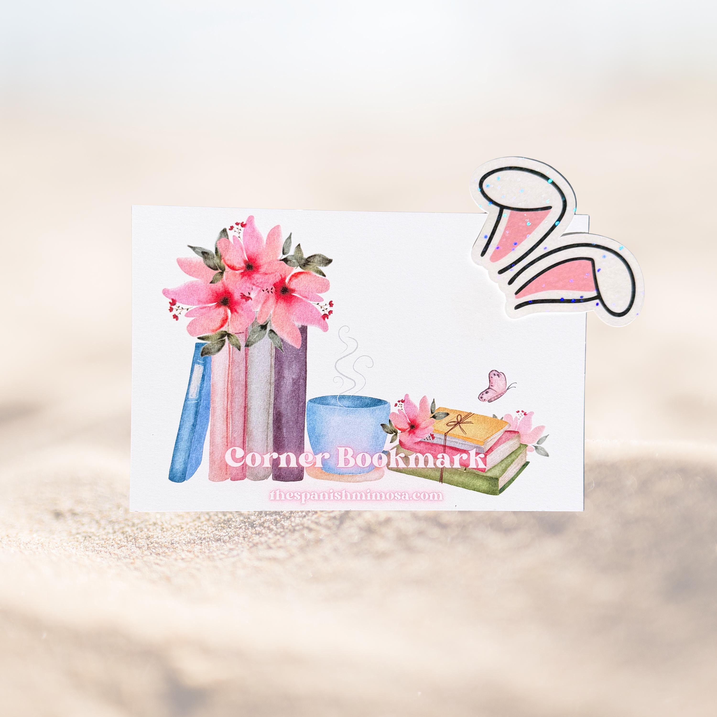 Pink Bunny Ears Corner Bookmark, Holographic Overlay, Book Accessory